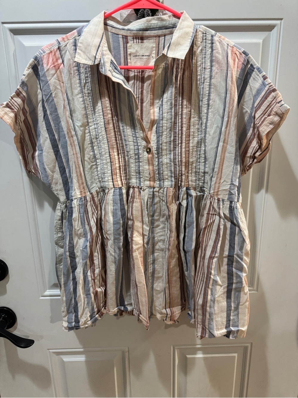 Lucky Brand Striped Peplum Tunic in Cream, Blue and Tan